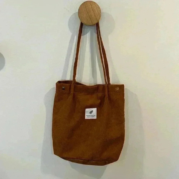 Corduroy Small Tote Bag Light Brown Shoulder Bag Canvas - Picture 3 of 5